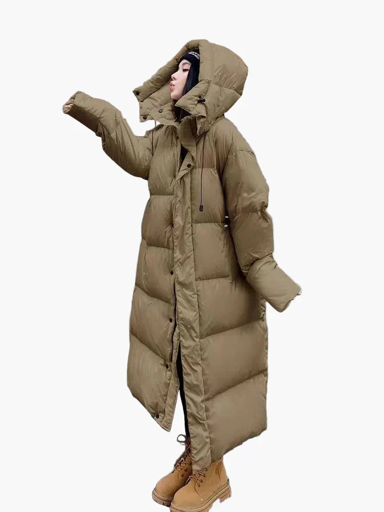 Women's long hooded puffer coat quilted insulation full-coverage silhouette ultra-warm winter style