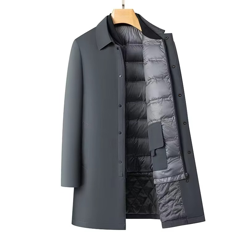 Men's navy medium-length down jacket with plush lining and detachable inner layer for professionals