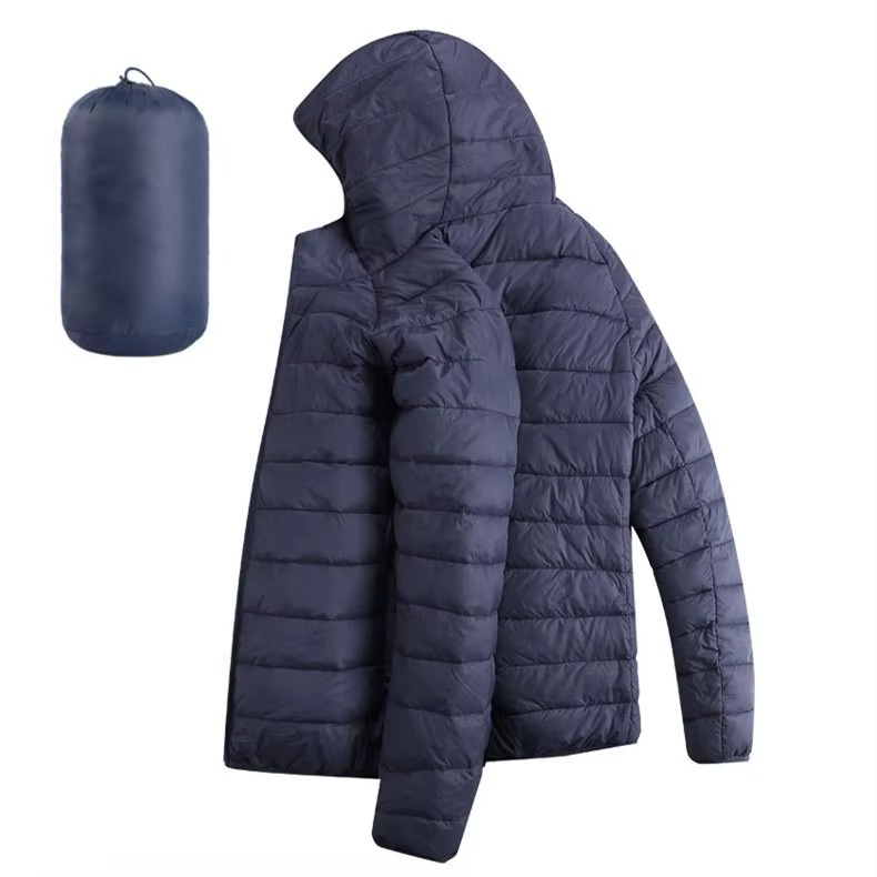 Men's lightweight hooded cotton down jacket with zip pockets, slim city-fit silhouette
