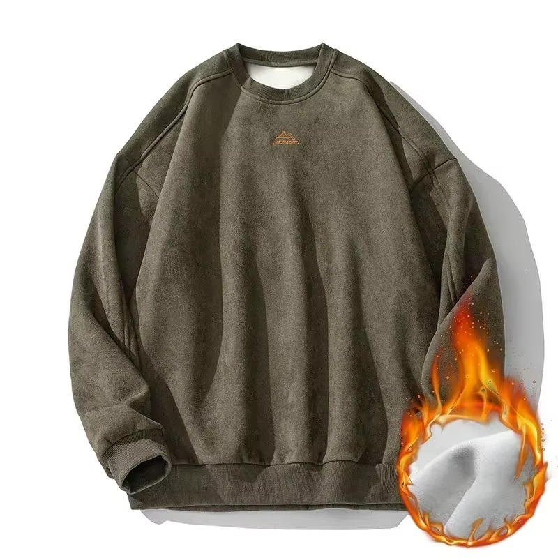 Men's oversized faux suede pullover sweatshirt in neutral tone with vintage relaxed fit