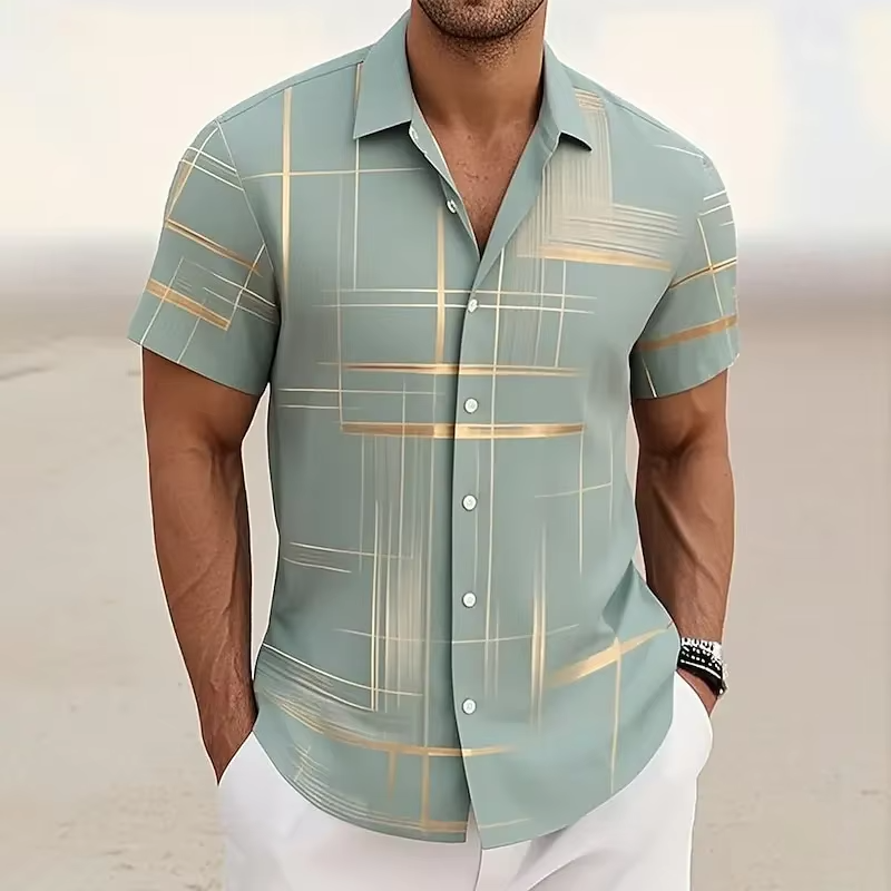 Men's 3D geometric plaid short sleeve button-down shirt in bold multicolor modern casual fit