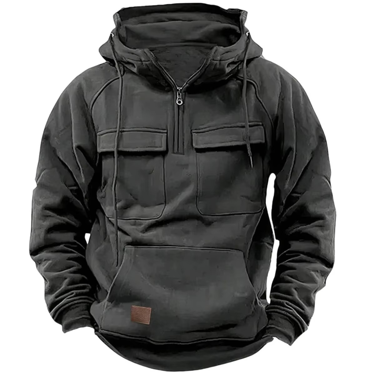 Men's thick fleece hooded sweatshirt relaxed fit with multiple utility pockets for outdoor warmth