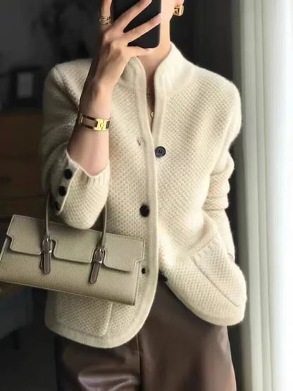Grace soft-knit cardigan in neutral tone, modern short turtleneck style with flattering tailored fit