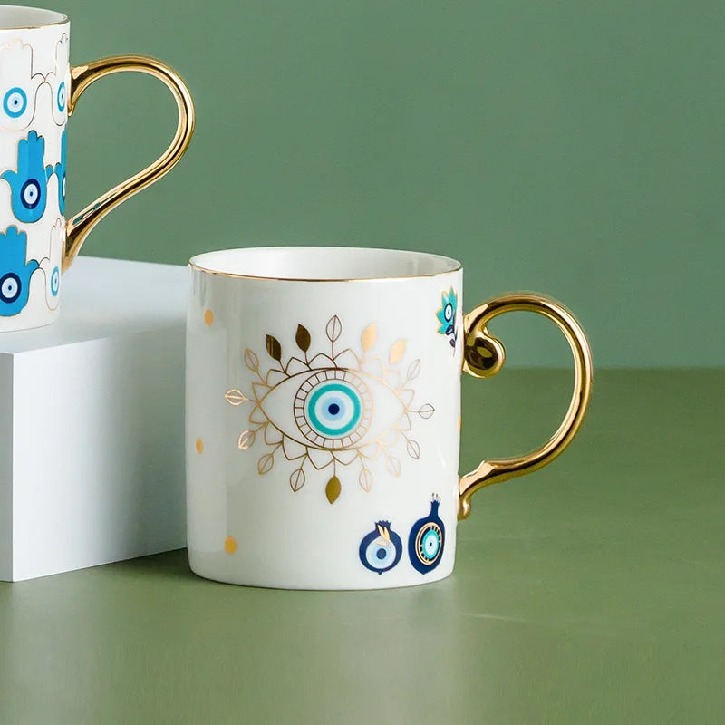 Evil Eye ceramic mug white gold handle Turkish craftsmanship protective talisman design