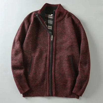 Millstone textured knit sweater in earthy tones, slim fit with full front zip and fleece-lined interior