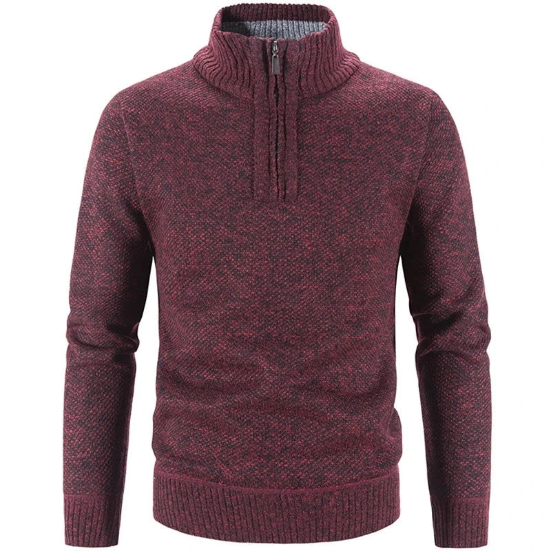 Men's structured knit sweater with quarter-zip high collar and ribbed edge detailing in neutral tone