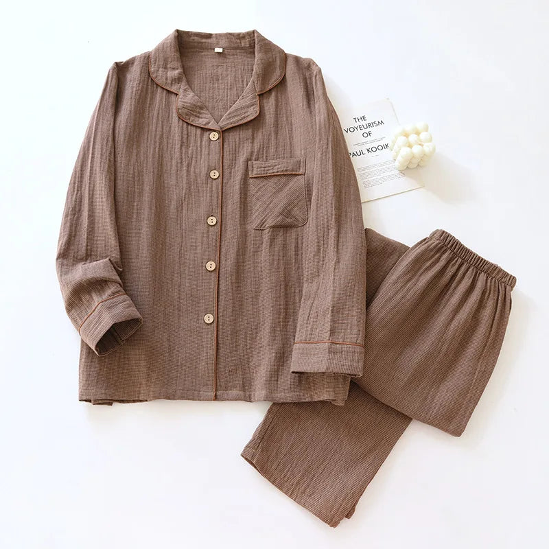 Earthy plaid cotton gauze pajama set, oversized relaxed fit, full-sleeve ankle-length 2-piece lounge