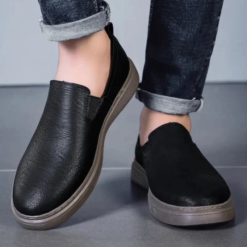 Black leather slip-on dress shoes with Italian craftsmanship and massage insole for all-day comfort