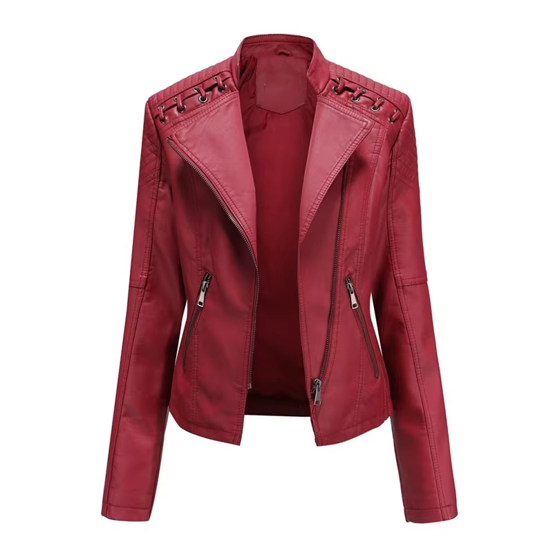 Women's black PU leather motorcycle jacket slim fit short zip-up with bold biker-style hardware