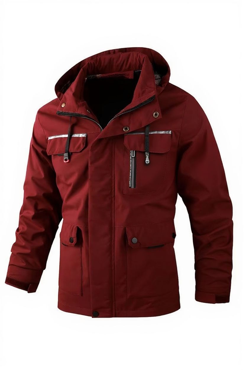 Men's waterproof soft shell windbreaker jacket with fleece lining, hooded, all-weather outdoor style