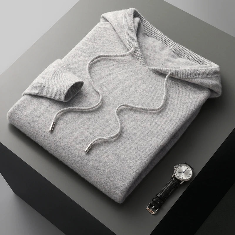 Men's gray cashmere hoodie classic fit soft knitted fabric with ribbed cuffs luxury knitwear