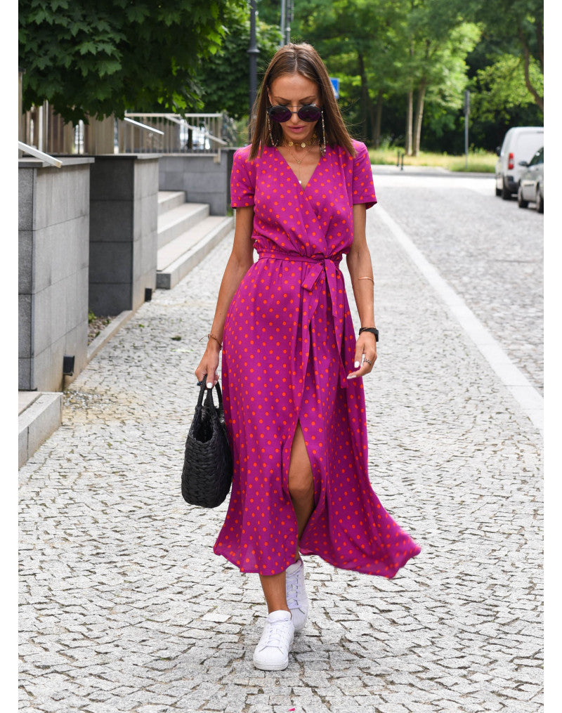 Floral midi dress in vibrant multicolor print, flowy A-line silhouette with feminine wrap-style bodice