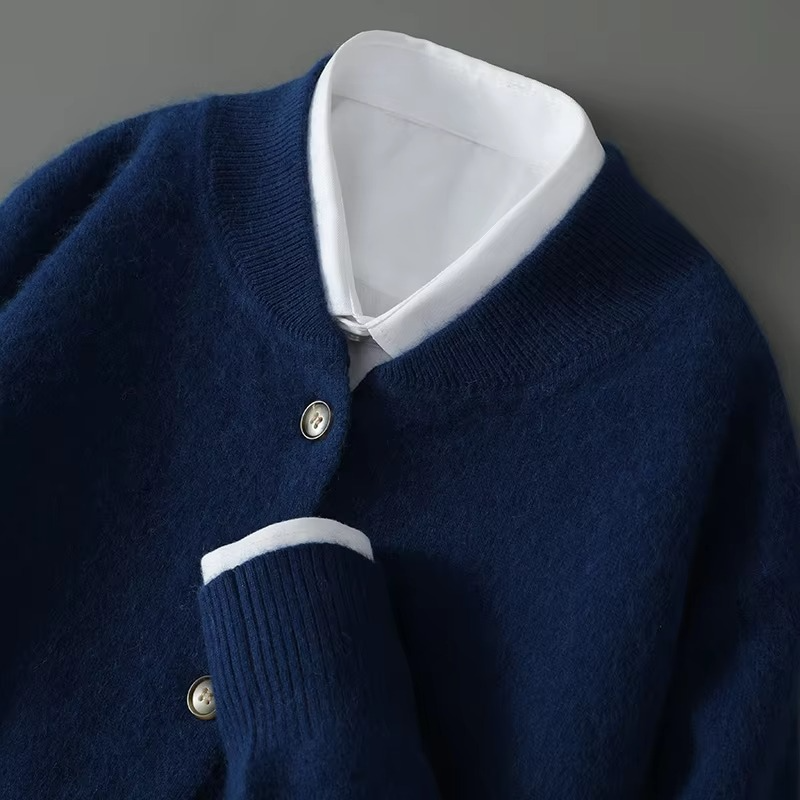 Men's mink cashmere stand collar cardigan sweater loose fit knitted coat business casual warmth