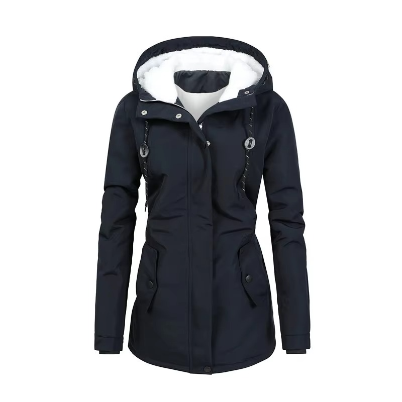 Women's mid-length hooded parka with plush fleece lining, retro style warm winter outerwear