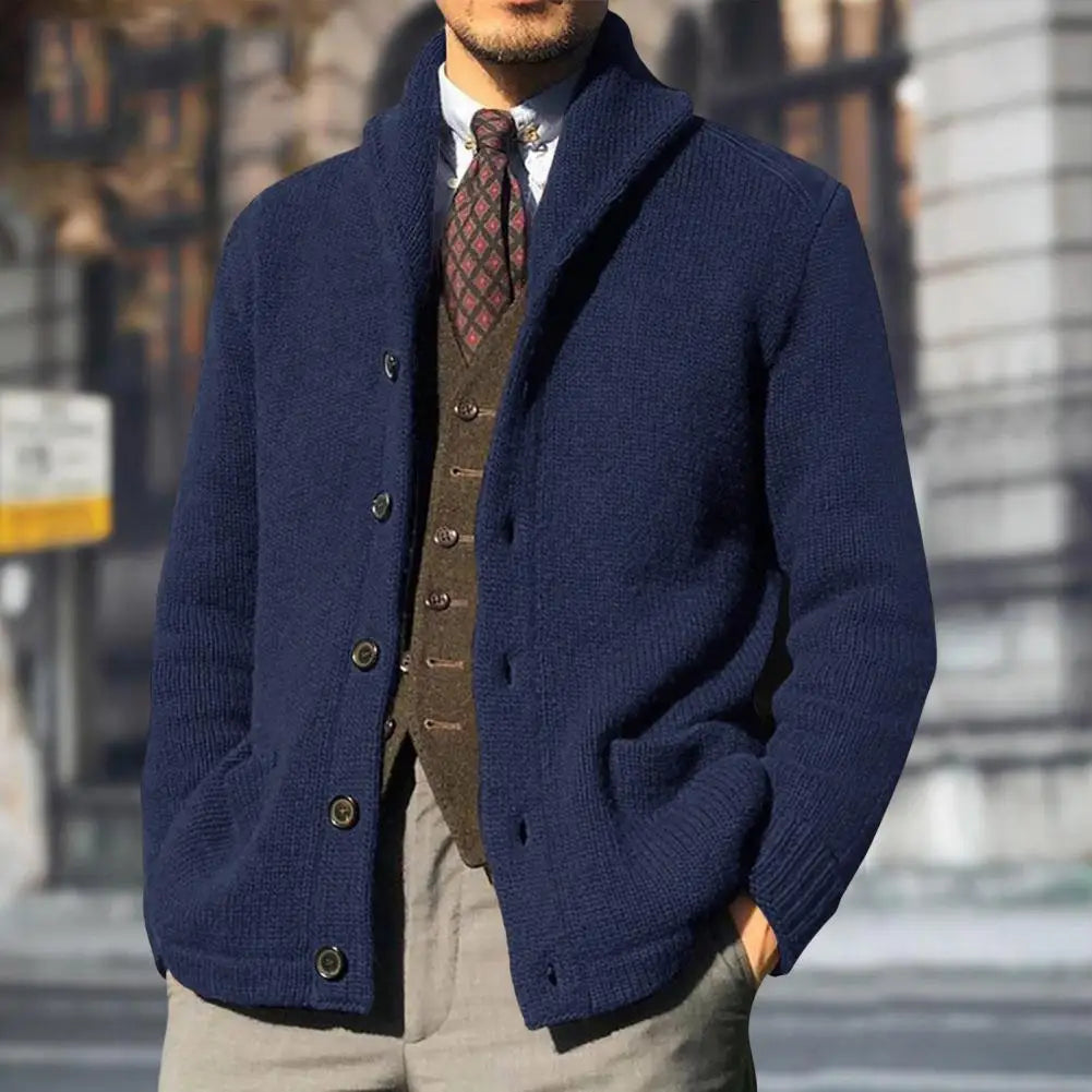 Men's gray shawl collar knit cardigan with button closure and side pockets for classic layering