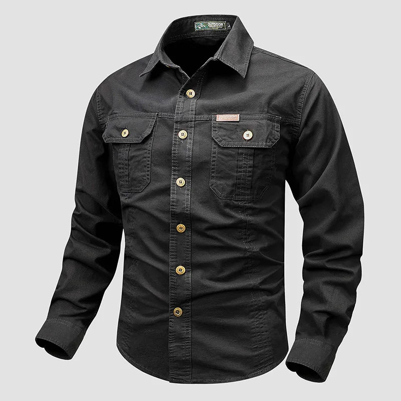 Men's olive green utility button-down shirt with durable fabric and multiple outdoor pockets