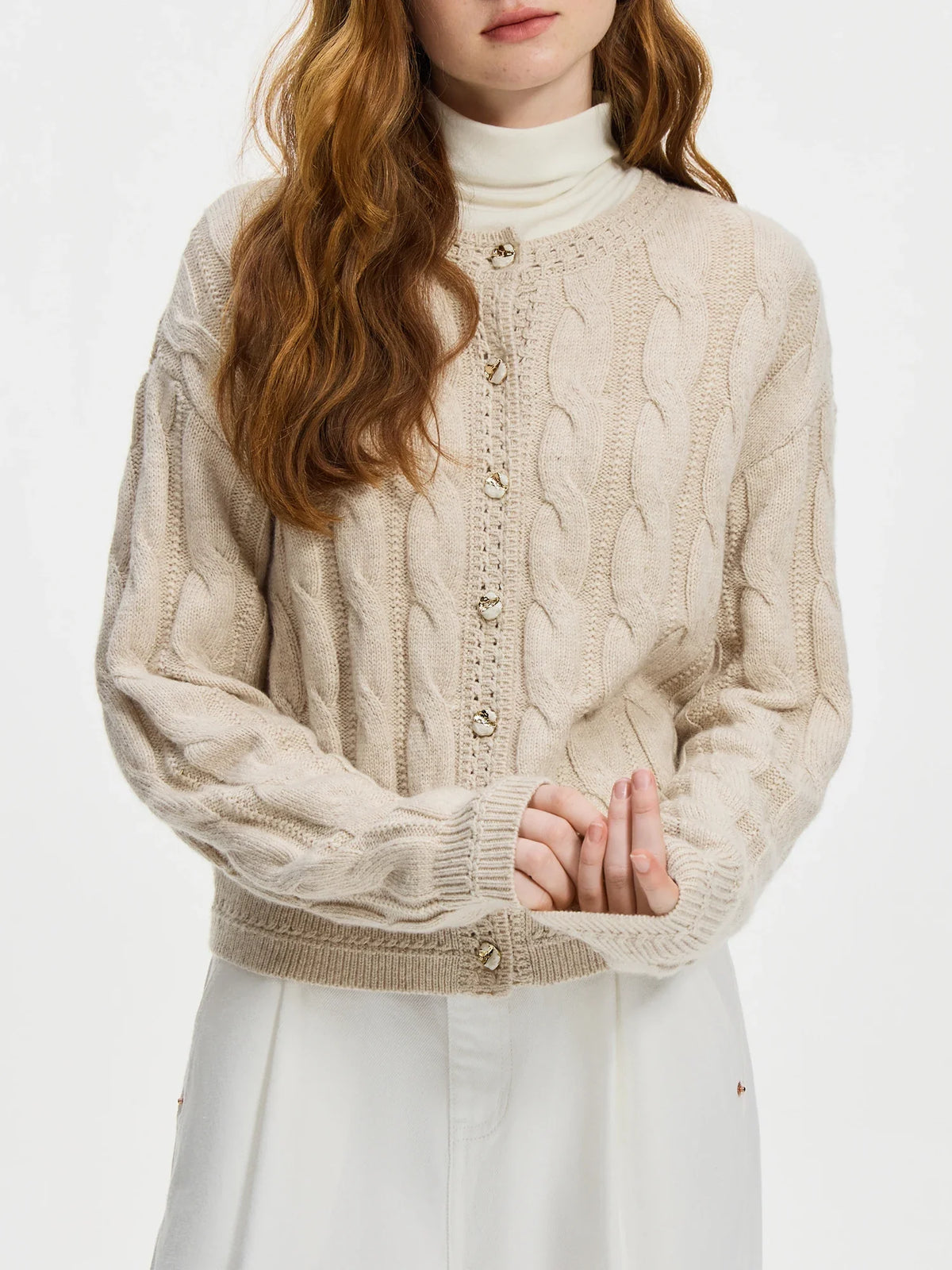 Cream cable knit cardigan sweater with vintage gold pearl buttons and relaxed cozy fit
