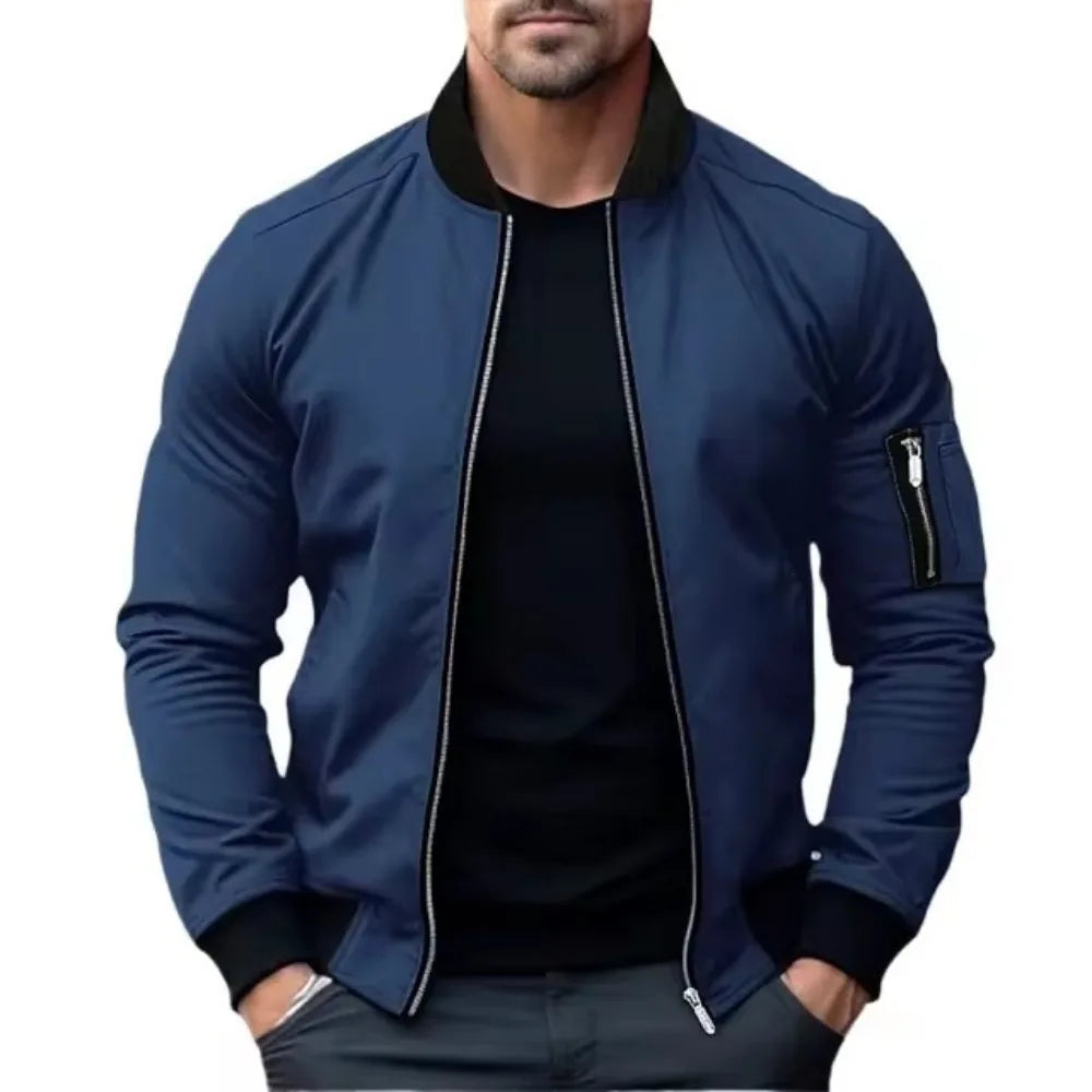 Men's black bomber jacket slim tapered fit windproof shell with durable zipper and soft interior lining