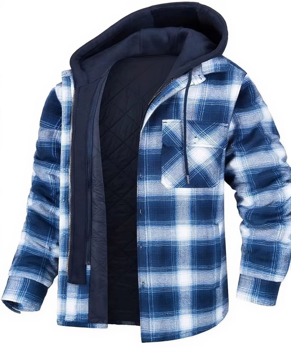 Men's thick plaid hooded insulated jacket with quilted lining for cold outdoor city wear