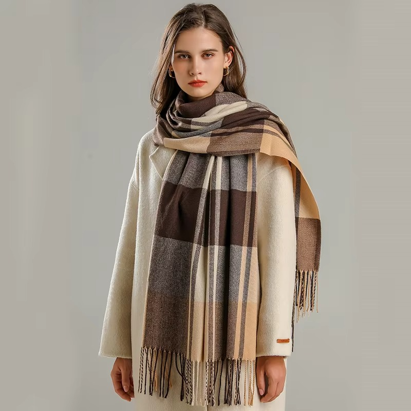 Women's plaid cashmere winter scarf in neutral tones, thick pashmina shawl with fringe tassels