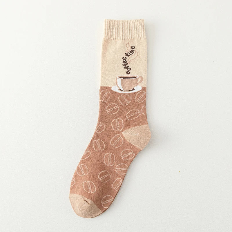 Cozy white crew socks with playful coffee cup print, perfect for casual everyday wear