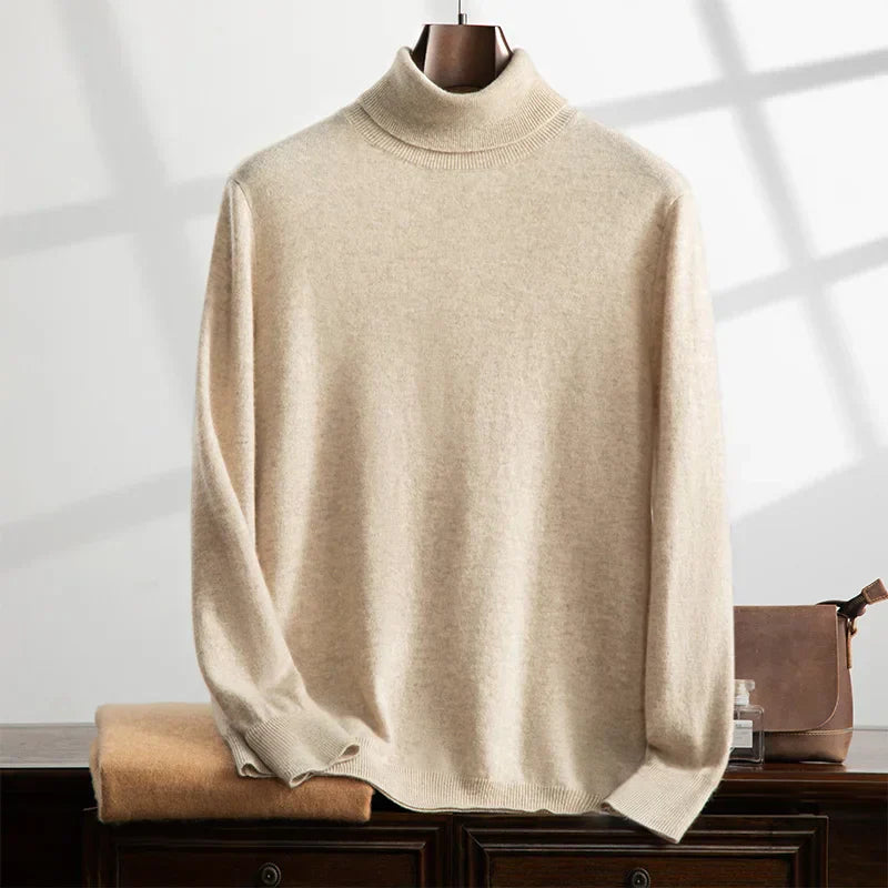 Men's relaxed-fit cashmere turtleneck sweater with ribbed edges and soft wool blend knit texture