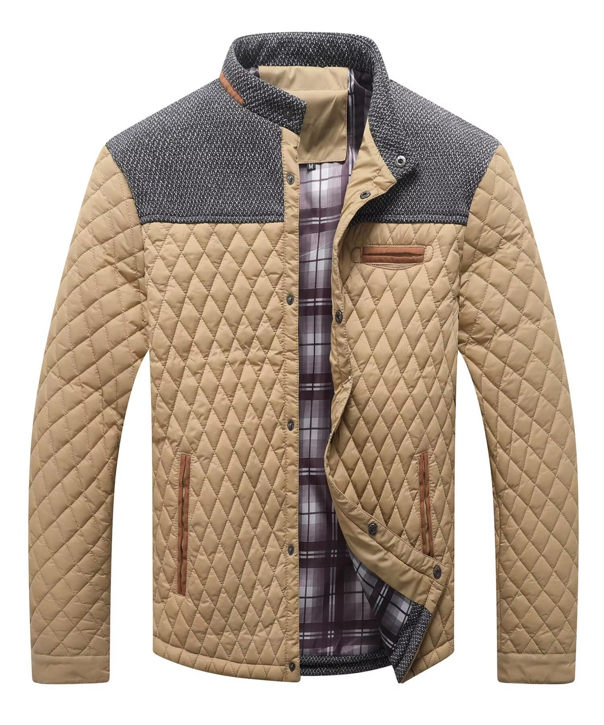 Men's lightweight bomber jacket black diamond quilted overshirt with contrast grey yoke pockets