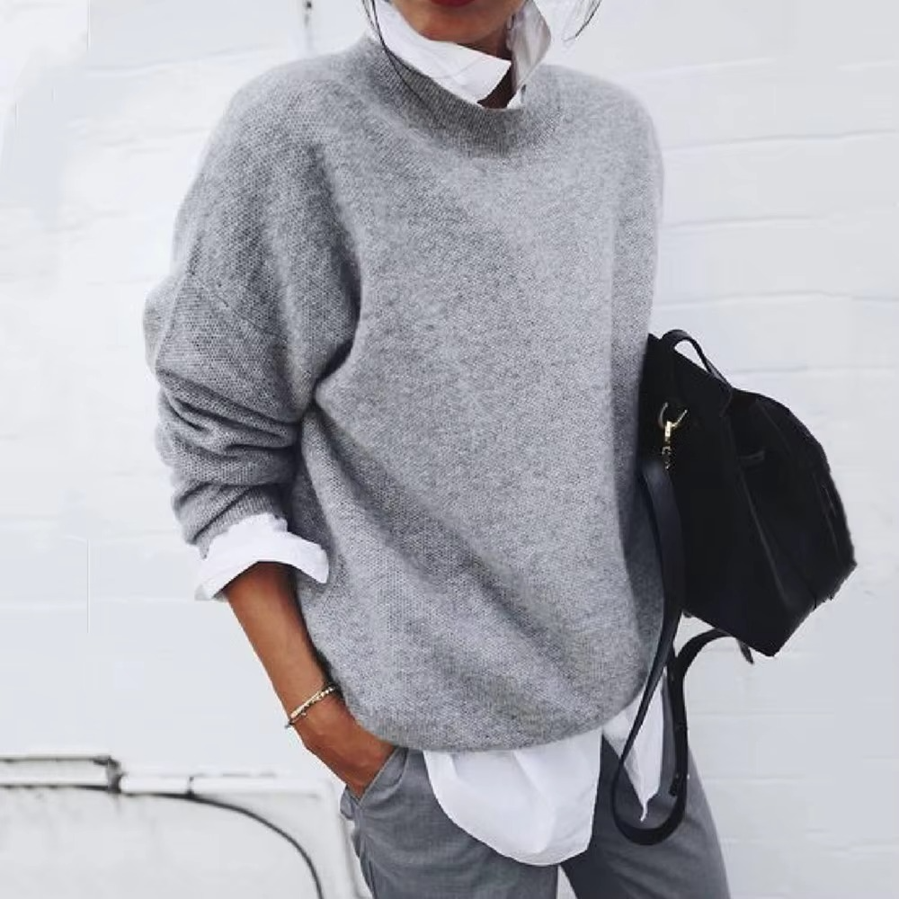 Women's knit pullover sweater with faux shirt collar two-piece layered look in neutral tones