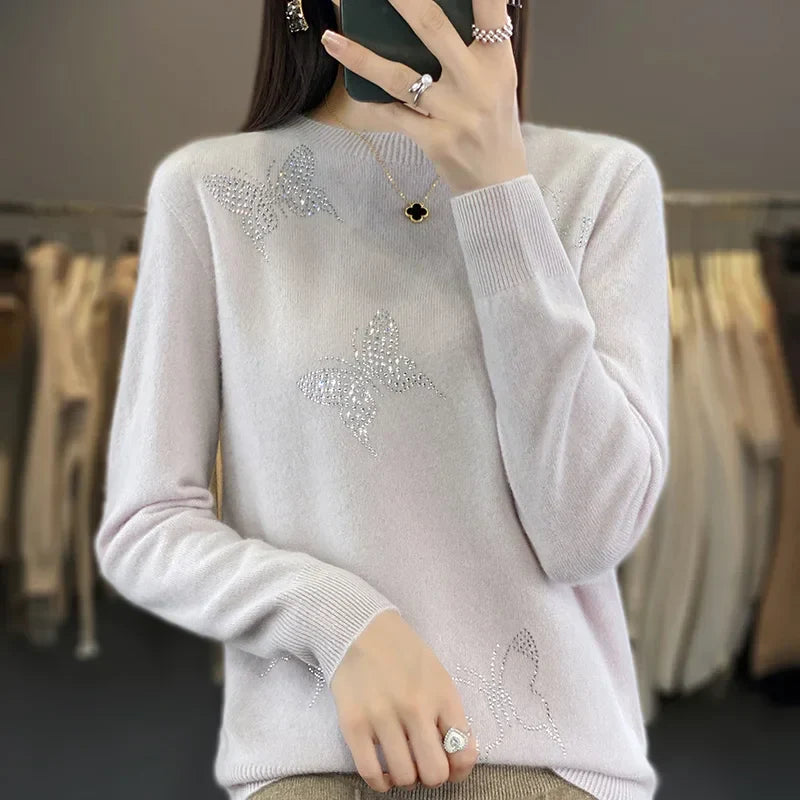 Odessa™ cream relaxed-fit butterfly sweater with delicate feminine embellishments