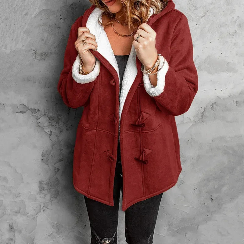 Clovain hooded fleece coat with toggle closures, warm winter style in neutral tones