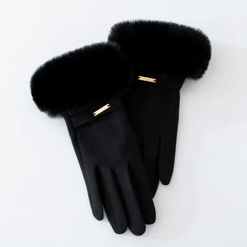 Women's fitted wrist-length gloves with chic fur cuff and subtle metallic accent for casual elegance