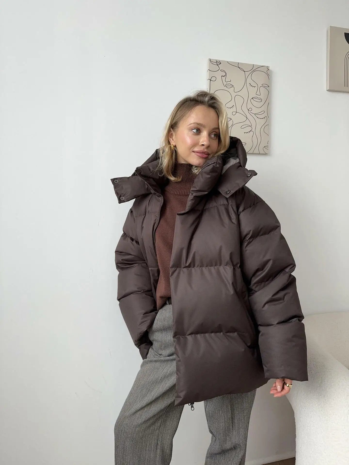 Luna cotton puffer jacket with hood, loose fit, soft cotton fill for cozy winter warmth