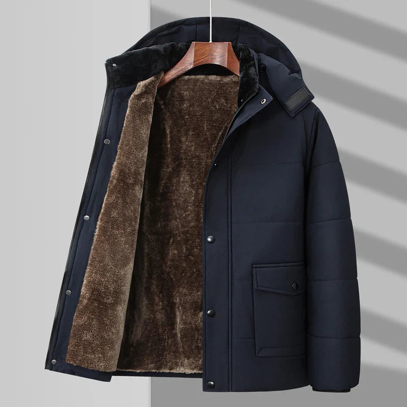 Hudson black fur-lined puffer jacket tailored fit with sporty patch pockets and matte finish