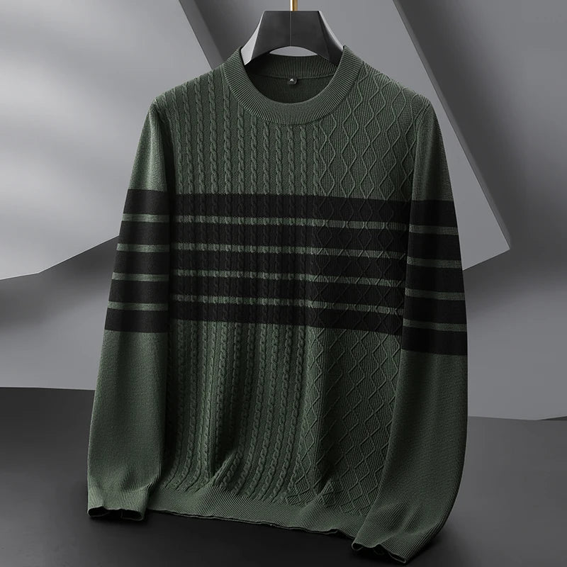Dark cable and diamond knit sweater with bold contrast horizontal stripe pattern, modern slim fit
