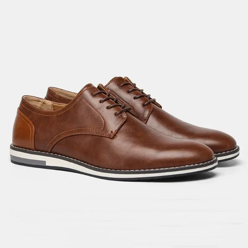 Men's brown synthetic leather derby shoes classic silhouette rubber outsole business casual style