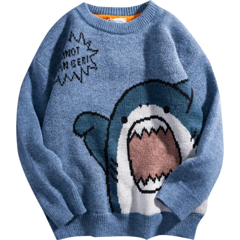 Oversized gray shark graphic knit jumper with high turtleneck and bold Harajuku design