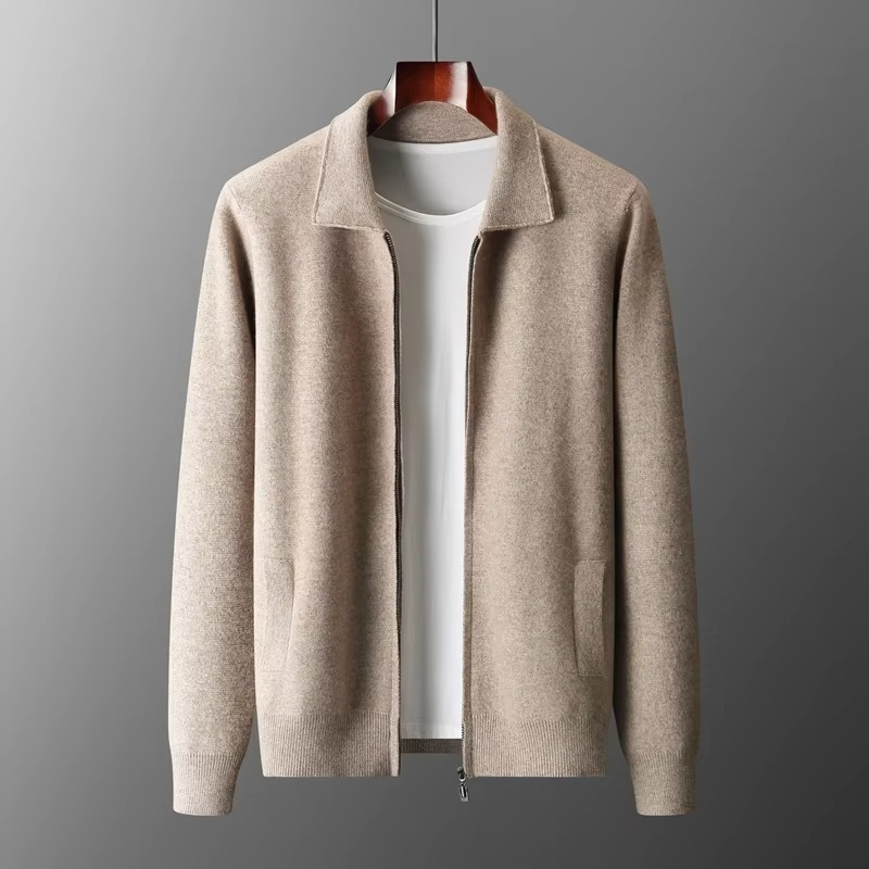 Men's charcoal wool cardigan sweater with classic knit lapel, tailored fit for timeless warmth