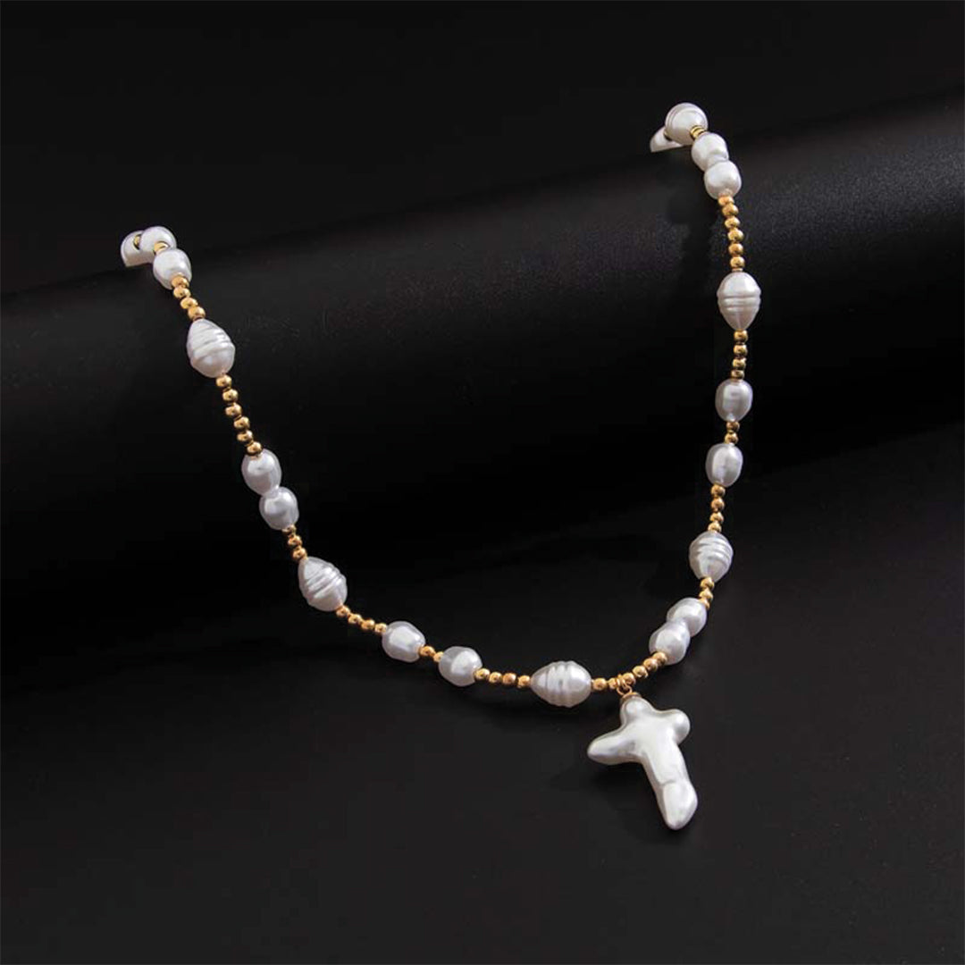 Pearl cross choker necklace gold silver finish simulated pearls artistic beads delicate cross pendant