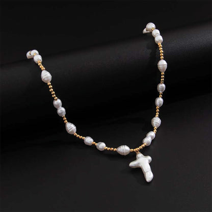 Pearl cross choker necklace gold silver finish simulated pearls artistic beads delicate cross pendant