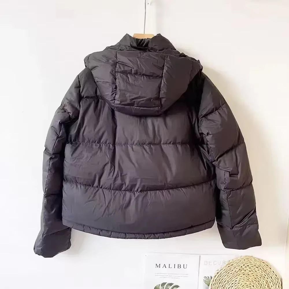 Women's black puffer down jacket detachable hood thickened insulation city chic winter coat