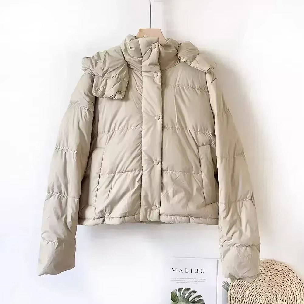 Women's black puffer down jacket detachable hood thickened insulation city chic slim fit coat