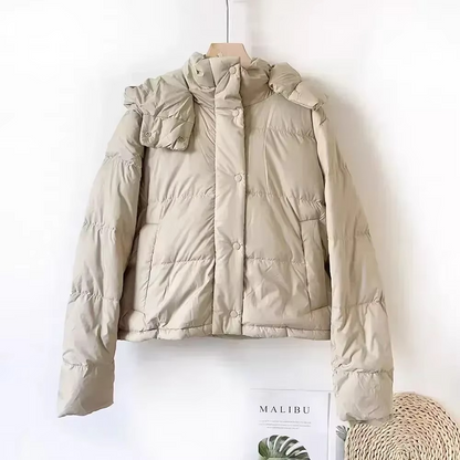 Women's black puffer down jacket detachable hood thickened insulation city chic slim fit coat