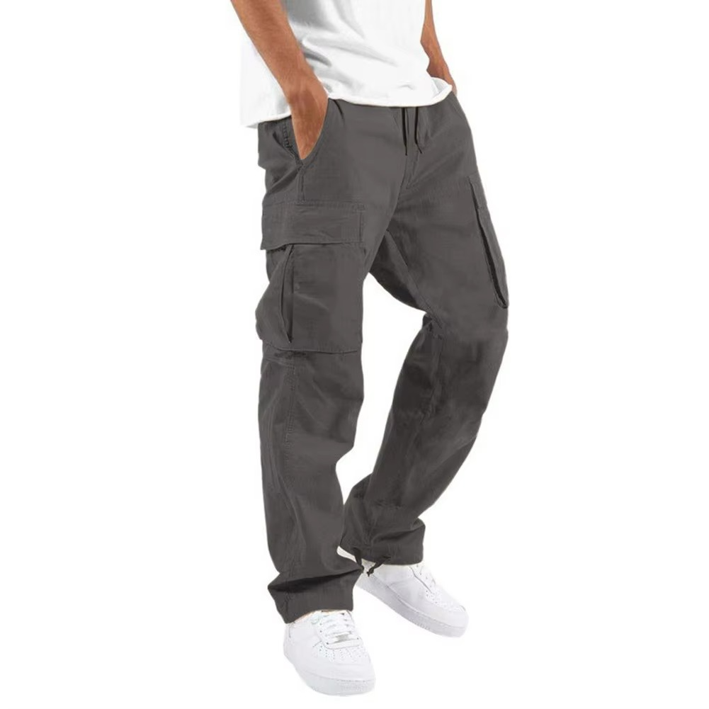 Men's solid cargo pants relaxed fit with multi-pocket design and adjustable drawstring waist