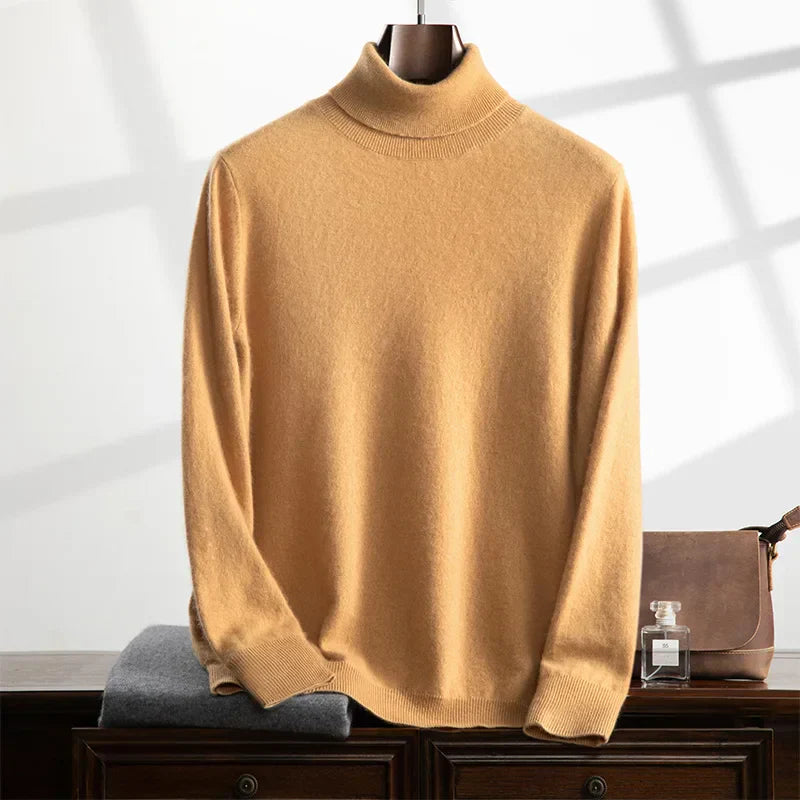Men's relaxed-fit cashmere turtleneck sweater with ribbed edges and soft wool-blend knit texture