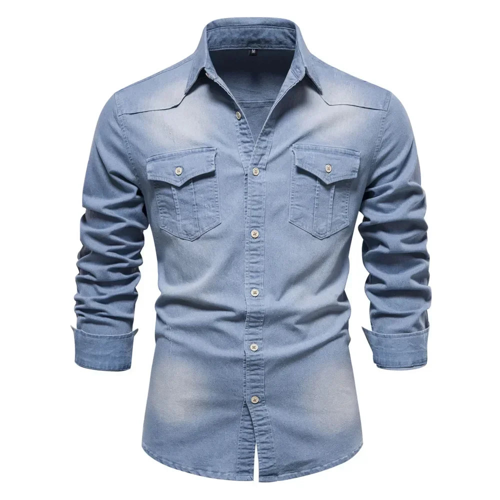 Hunter men's light blue denim button-up shirt with classic wash for casual sophisticated everyday style