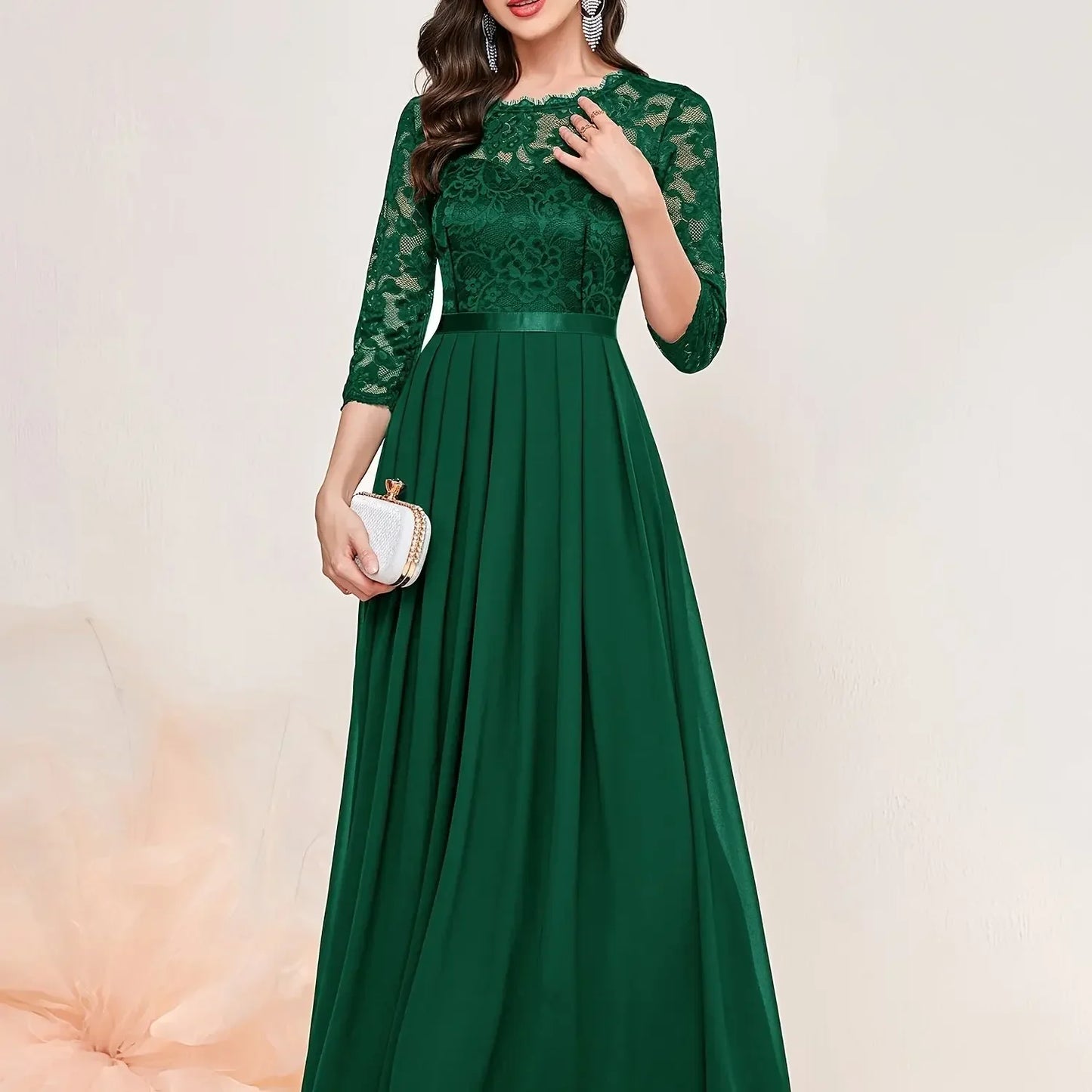 Black lace pleated formal evening dress with elegant quarter sleeves and flattering silhouette