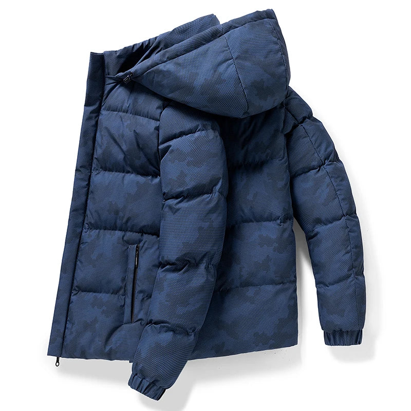 Munich camo hooded jacket with pixelated dark-tone print, tailored insulated fit for winter