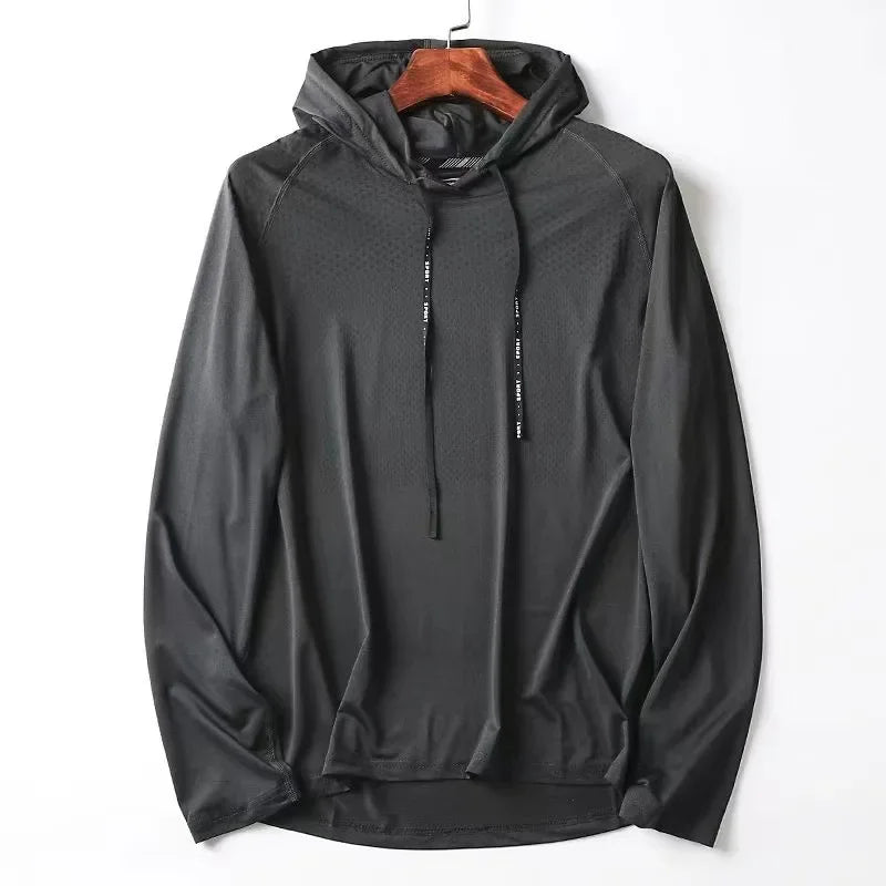 Men's gray athletic performance hoodie with seamless construction, moisture-wicking fabric, and streamlined casual fit