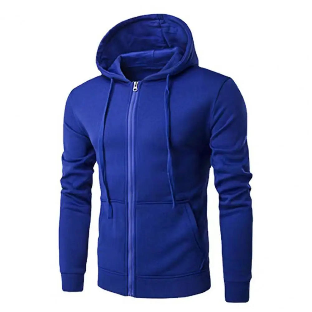 Men's classic zip-up street hoodie in neutral tone with attached drawstring hood for urban everyday wear