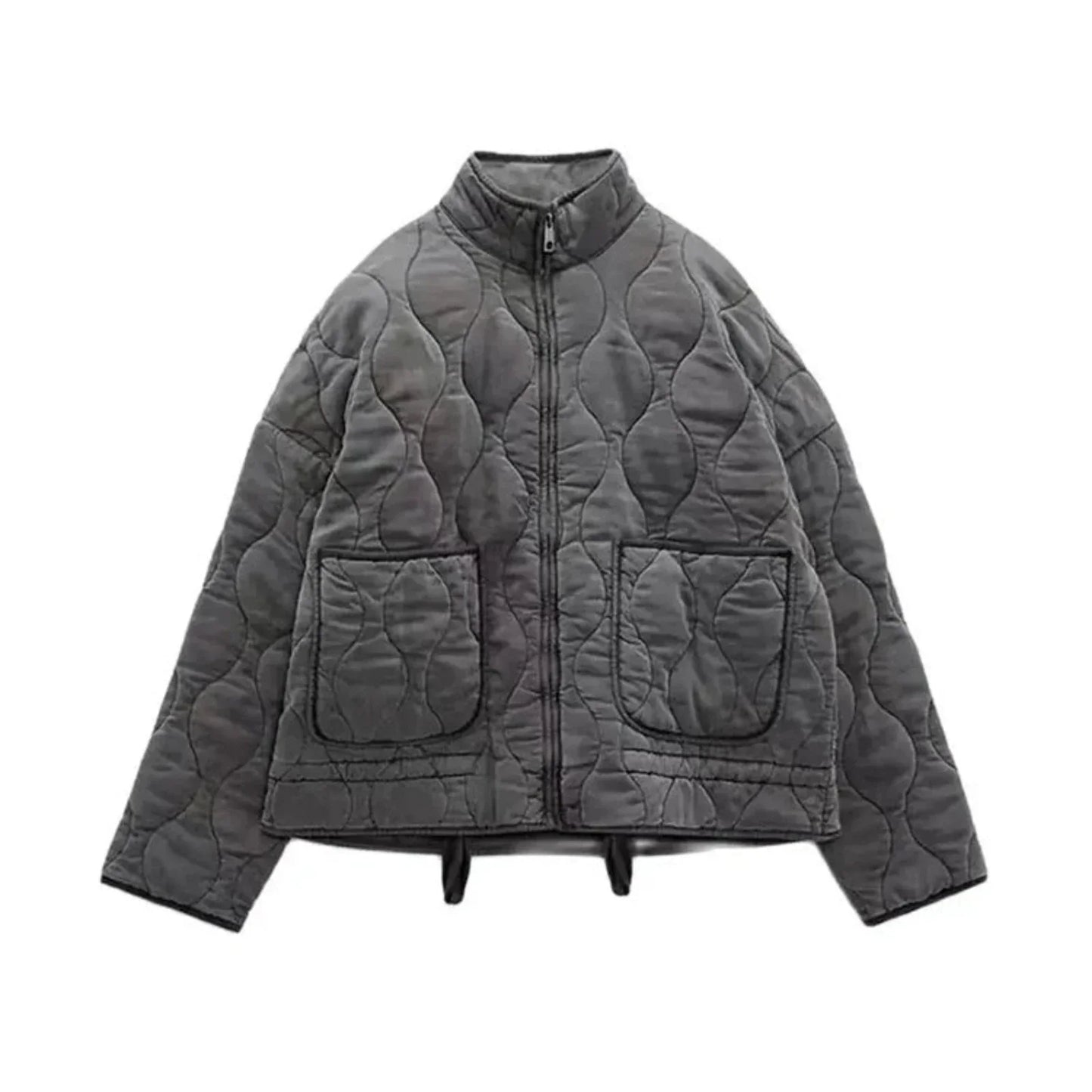 Black quilted bomber jacket with padded insulation, zipper closure, and tailored flattering fit